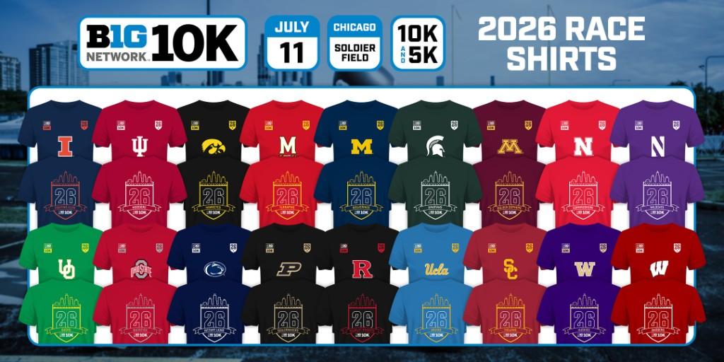 2026 BTN Big 10K race shirt designs for all participating schools